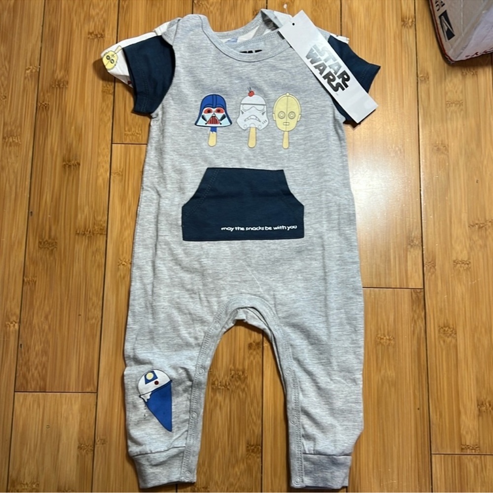 NWT NEW 6-9M Boys Disney Star Wars 2 pack of onesies. May The Snacks Be With You